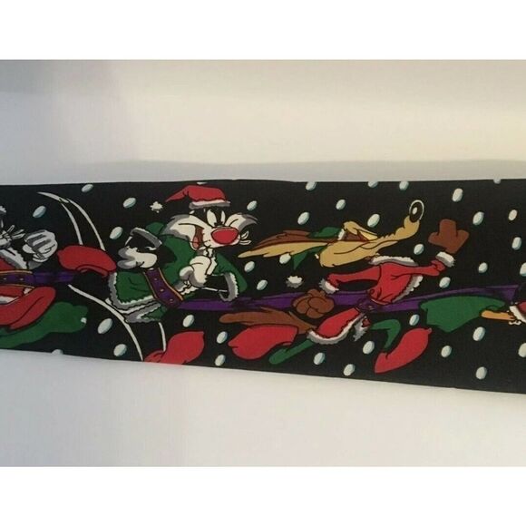 Vintage Looney Tunes Mania Christmas Tie Sleigh Taz Santa 1993 Polyester Black - Picture 2 of 7